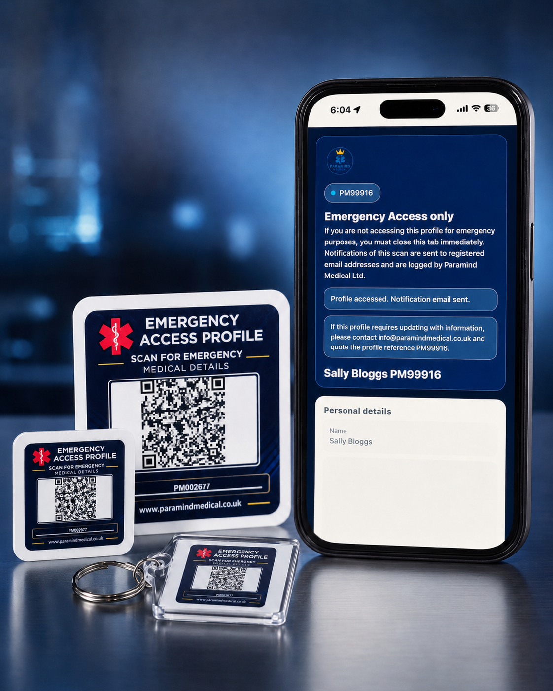 Paramind Medical Lifeline QR profile sticker and NFC keyring product