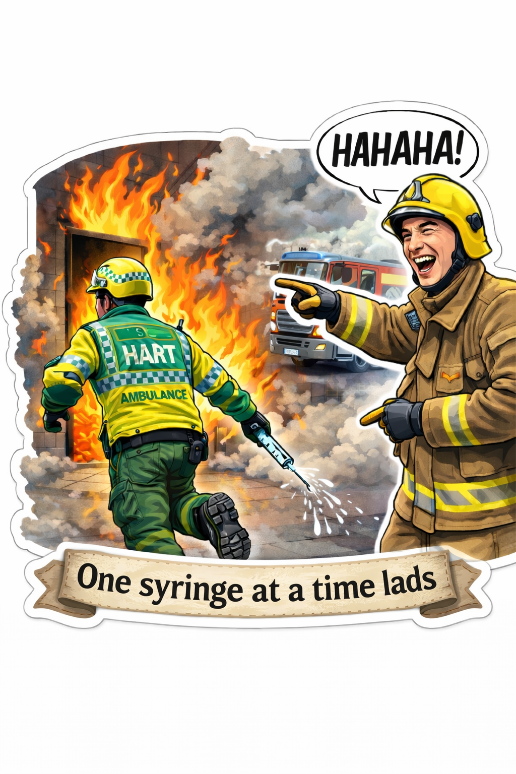 Emergency services humour vinyl sticker featuring ambulance and fire service characters