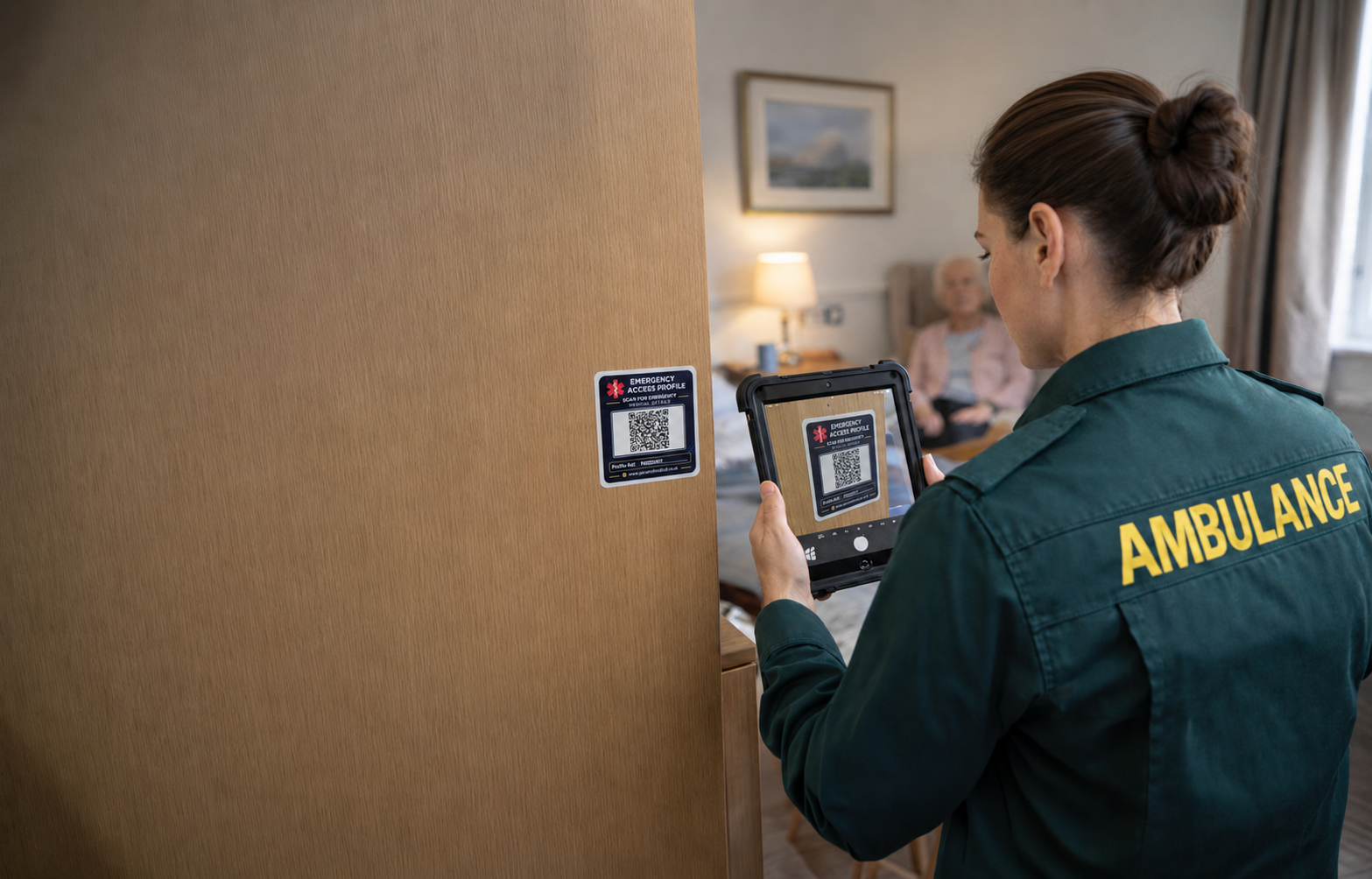 UK ambulance paramedic scanning a Paramind Medical Lifeline QR sticker designed for placement inside a key safe